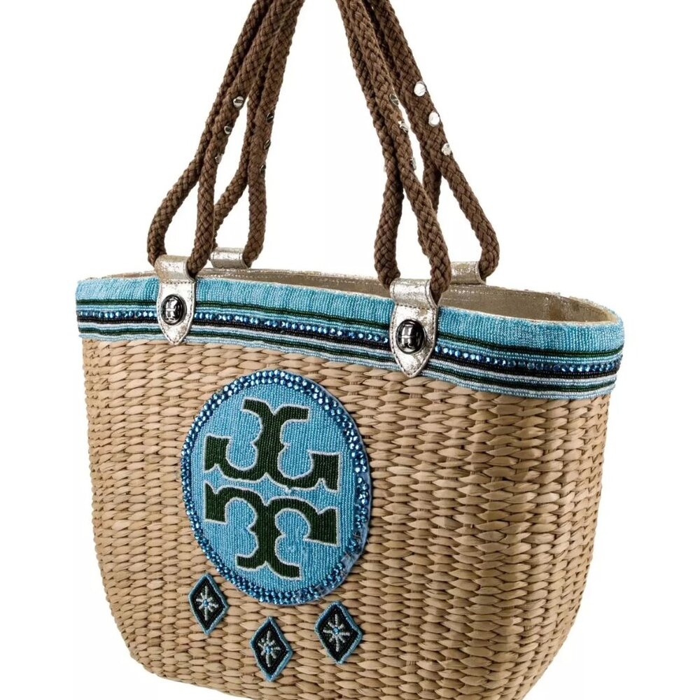 TORY BURCH STRAW ELLA TOTE BLUE LARGE BEADED SIGNATURE LOGO BAG ROPE HANDLE